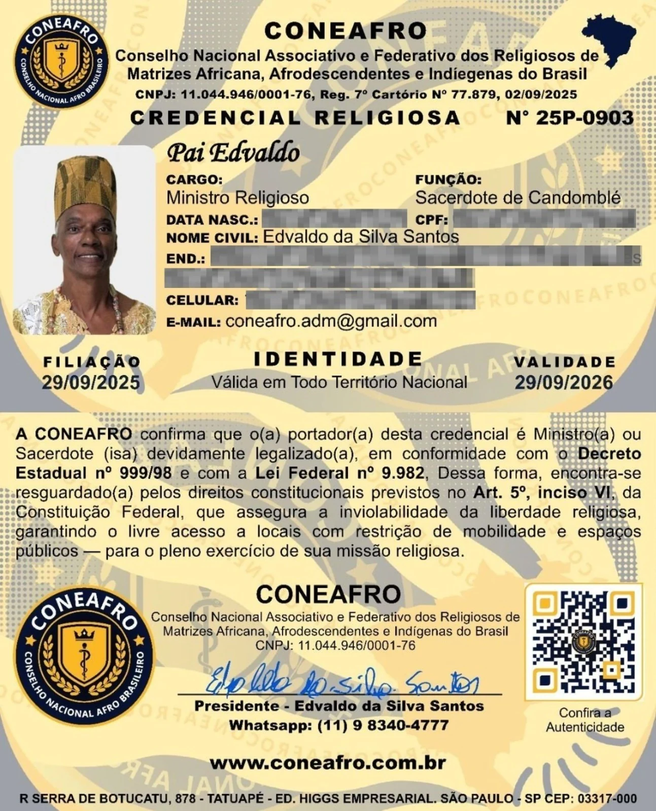 Exemplo de Credencial Religiosa da CONEAFRO